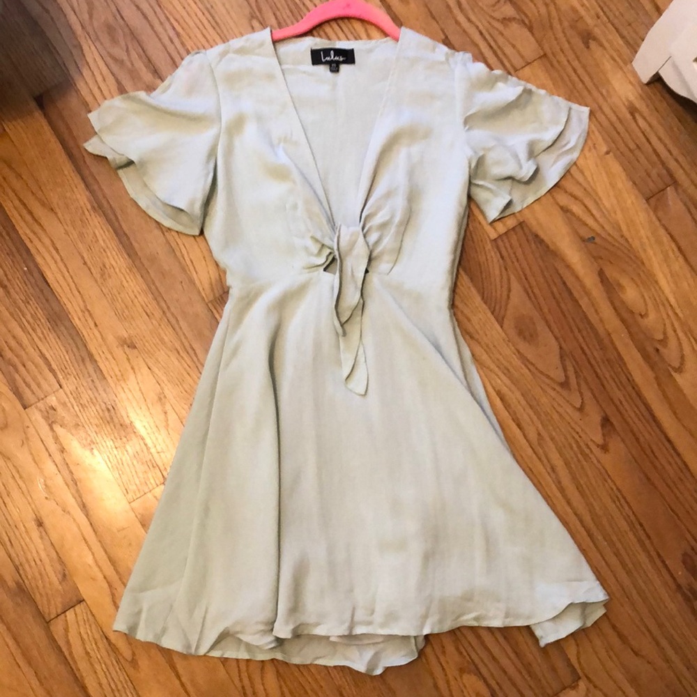 Lulus mint green wedding guest mini dress front tie zipper size XS